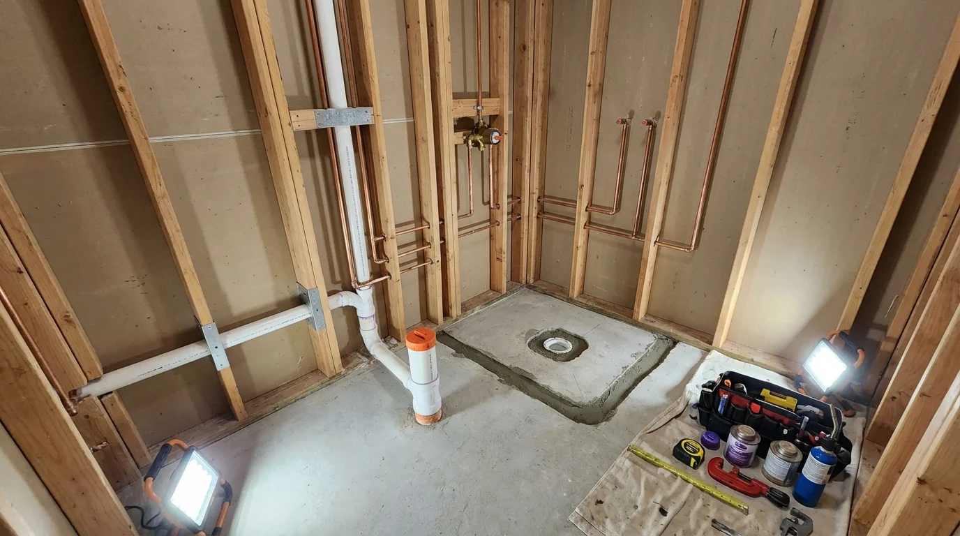 Bathroom rough-in plumbing during remodel by Johns Plumbing LLC in Gail