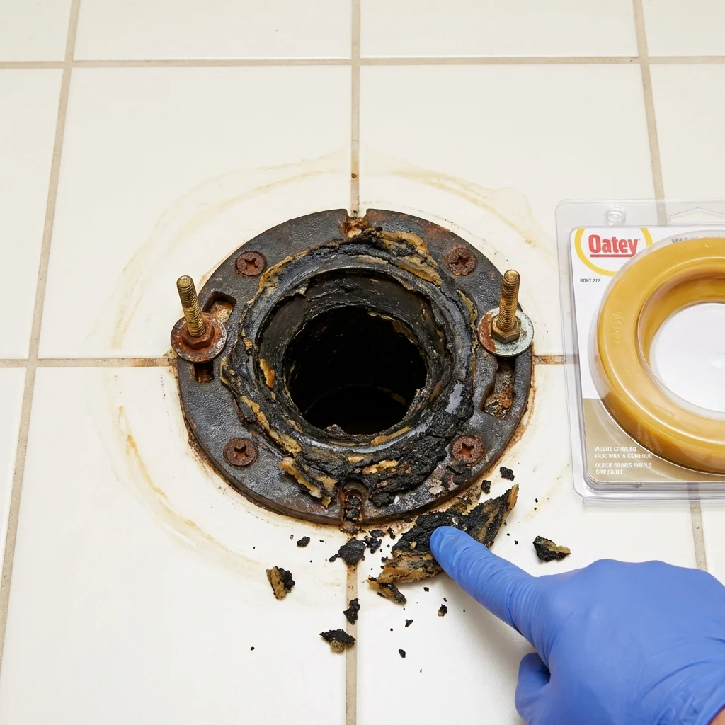 Failed wax ring showing water seepage at the base of a toilet in a Gail, TX home